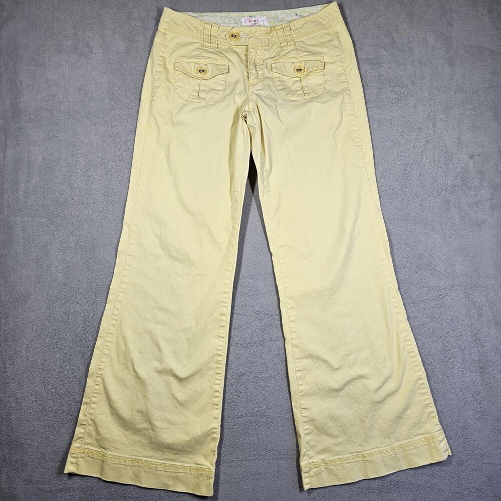Y2K Nori Pants Womens 7 Wide Flare Bell Bottoms Yellow Low RIse Preppy Gorpcore